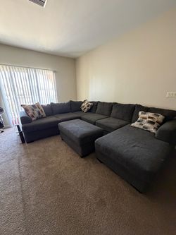Large Dark Gray Fabric Sectional Sofa with Ottoman