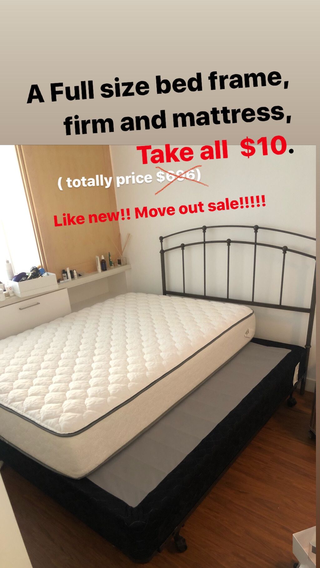 A full size bed frame, firm, and mattress