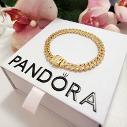 Pandora Gold Pave Cuban Chain bracelet women's size 15 16 17 18 cm  gift