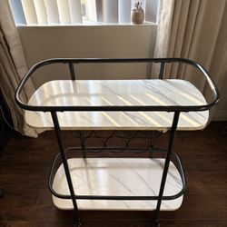 Benoss Black Rolling Bar Cart with Thick White Marble Wood Shelves, Wine Rack & Glass Holder