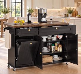 60" Black Rolling Kitchen Island with Drop Leaf & Trash Can Storage with Power Outlet.