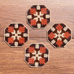 Vintage RETRO Handmade Needlepoint Plastic Canvas Hexagonal shaped Coasters Orange Black Brown Cream Set of 4 