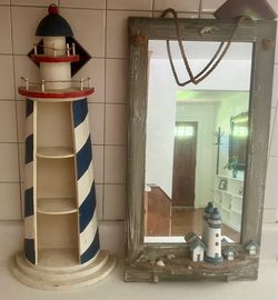 Wooden Lighthouse Wall Hanging w/ 3 Shelves & Lighthouse Wall Mirror
