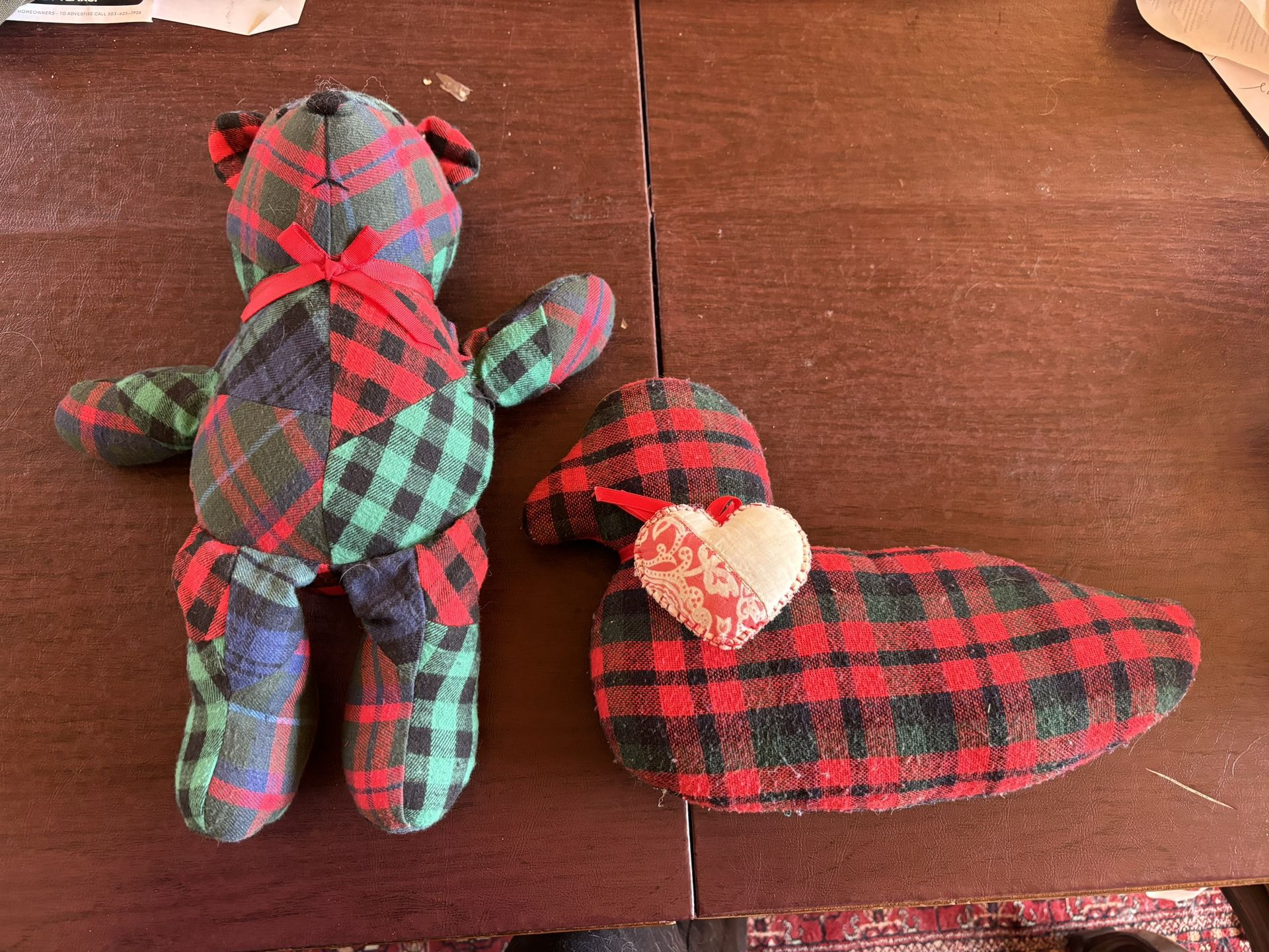 Teddy Bear Vintage Collectible Plaid With Red Bow , Tartan Plaid Wool Duck
