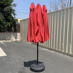 (New) $115 Large 15x9 FT Double Sided Umbrella with Weight Base set (Red/Gray color) 