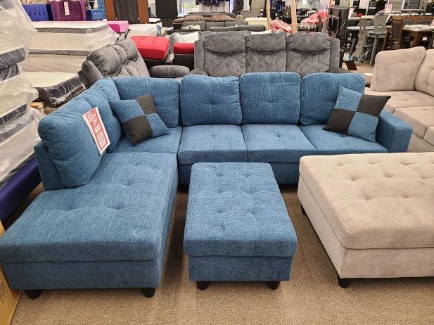 Brand New Box Blue Linen Sectional With Pillows And Storage Ottoman
