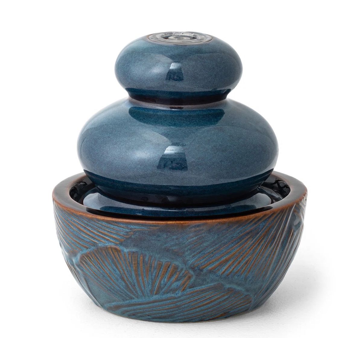Outdoor Fountains with LED Lights - 8.75"H Turquoise Leaf-Textured Ceramic Tabletop Water Feature for Home & Garden