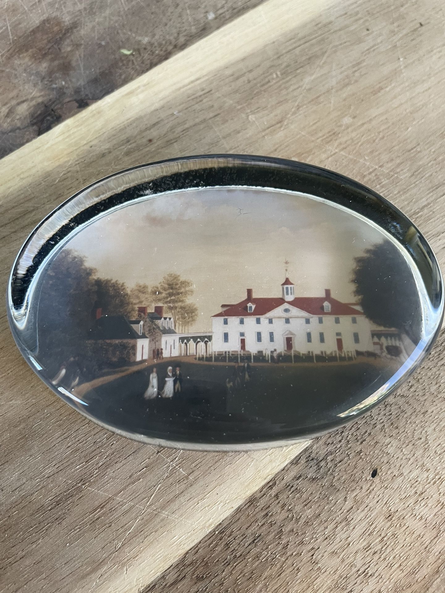 Vtg Mount Vernon Cast GLASS Picture Paperweight - Print Of 1792 Painting