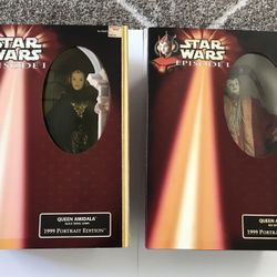 Lot Of 2 Star Wars Queen Amidala Black & Red Gown 12” Doll Portrait Edition 1999
