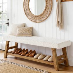 55" Upholstered Entryway Bench, 2-Tier Shoe Bench with Solid Wood Frame