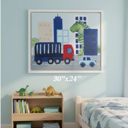 30" × 24" Dinosaur City Artwork red truck art children's room