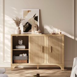 Mid Century Modern Fluted Buffet Cabinet with Storage, Accent Sideboard and Credenza Storage Cabinet with Doors, Wood Coffee Bar Console for Kitchen, 