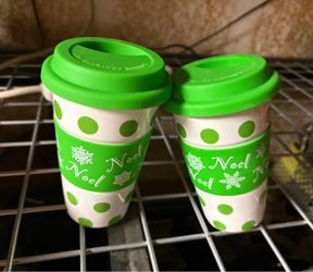 Set of 2 Cypress Home Ceramic Christmas Travel Mugs – "Noel" Polka Dot (12oz)