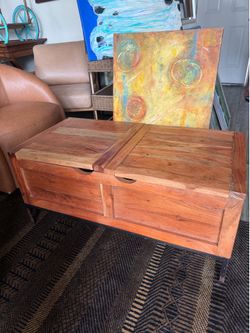 Solid wood, metal base storage coffee table