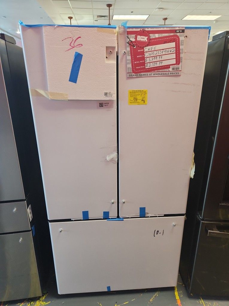 Amazing Cafe 36 Inches 23.1 Counter Depth 3 Door French Door Refrigerator White With Brass Handle CWE23SP4MW2