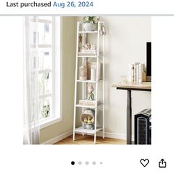 Ladder Shelf, Bookshelf Bookcase, Freestanding Corner Storage Shelve with 2 Hooks for Home Office, Living Room, Kitchen, Bedroom, Industrial, 5-Tier W