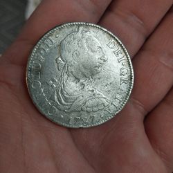 Silver 1787 MO FM Eight Reales Silver Choped Marks In Center Slightly Bent In Center But Looks Good For Age  