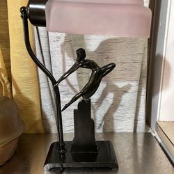 VTG BRONZE DECO LAMP WOMAN LEAPING DANCING FLYING GLASS PINK STEPPED SHADE