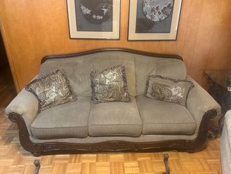Traditional Sofa with Carved Wood Frame & Designer Accent Pillows