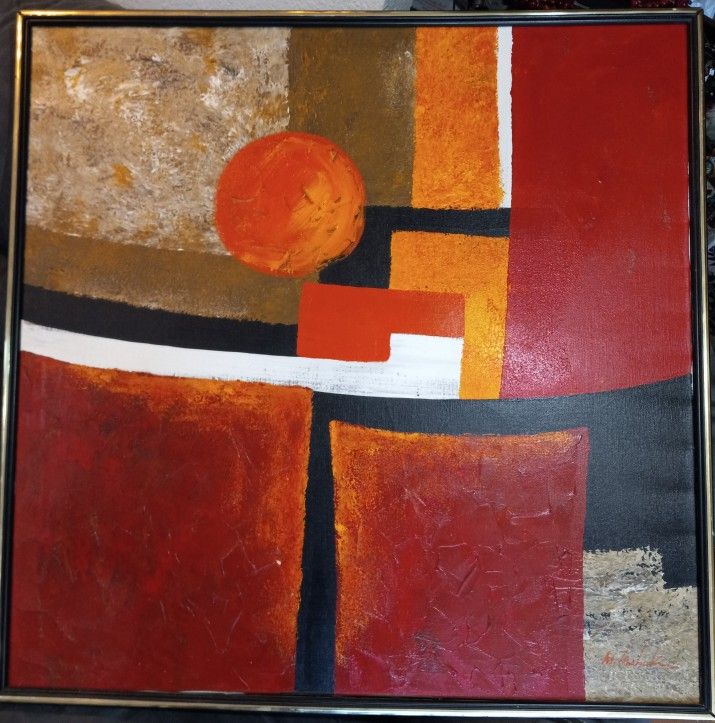 Vintage Mid Century Modern Abstract Original Painting Signed M. Monso Attrib Art. Mid Century Modernist Abstract Painting On Canvas Original