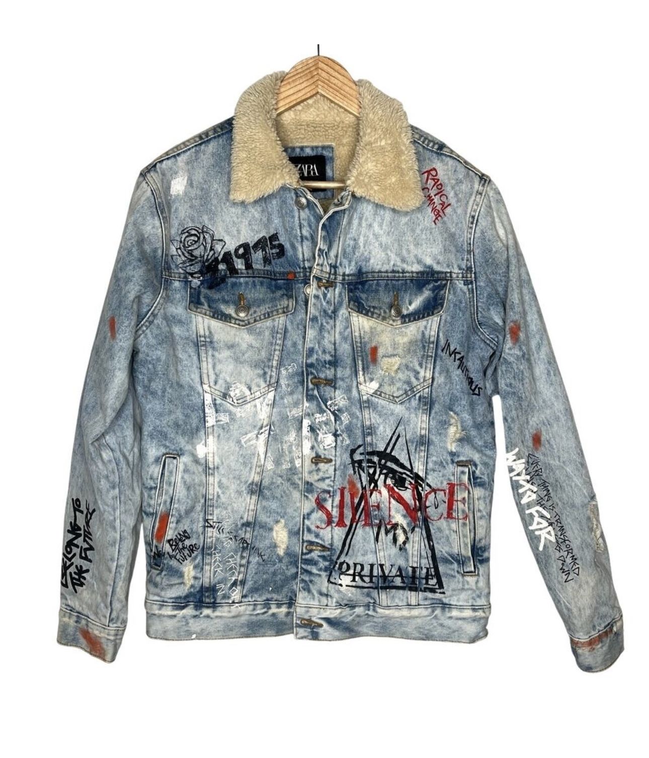 Zara Men'Denim SHERPA Jacket Artistic Acid Washed Jean Painted