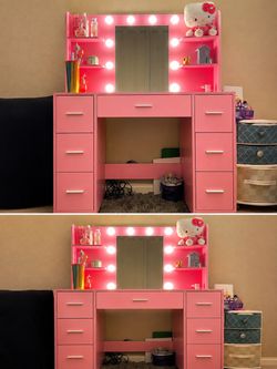 Pink Vanity Desk with LED Lights, Mirror & 8 Drawers
