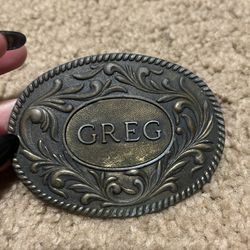 Vintage 1977 Greg Brass Belt Buckle 
