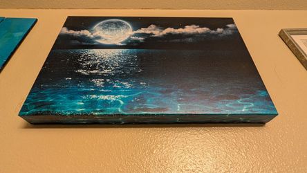 Canvas Print Full Moon in Clouds Sea Photography- 12"x18" modern art w/ seashells