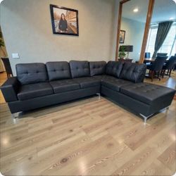 Sectional Sofa Black Leather Either Side L storage And Cup Holders NEW