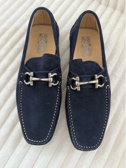 Authentic Salvatore Ferragamo Gancini Navy Suede Driver Loafers – Men’s 9.5 D – Made in Italy