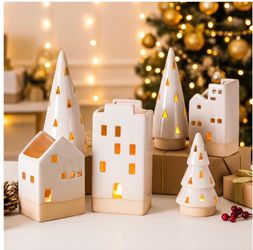 Beeveer 6 Pcs Christmas Ceramic Buildings Decoration, 4.4" to 9.4" White Christmas Tree & Houses Tealight Candle Holders Centerpiece Set for Winter Ho