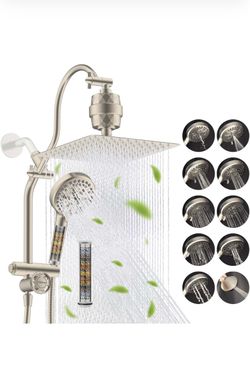 Hibbent 10" Dual Filtered 10" Rainfall Shower Head with Handheld 10-Spray High Pressure Metal Brushed Nickel Showerhead Combo with Filter, Extension A