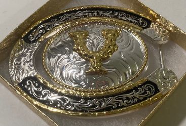 Vintage Metal Belt Buckle, Silver and Brass Color, Letter Y, Initial Y, Horseshoe, Nice Western Style Design, 4" x 3", Heavy Duty, Quality