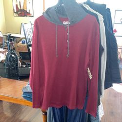 Men’s Red, Gray And Black Hooded, Long Sleeve Henley Shirt