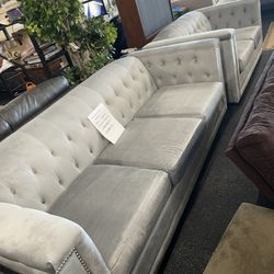 Light Grey Velvet Sofa & Love Seat On Clearance 