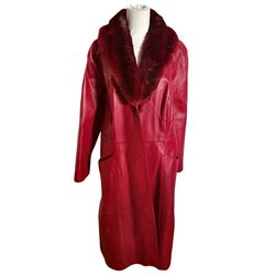Vintage Red Real Leather Trench Coat Terry Lewis Fits Women Large Faux Fur Collar