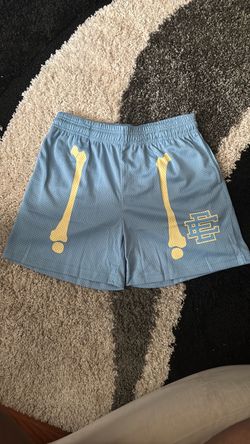 Eric Emanuel Light Blue Mesh Shorts with Bone Graphic