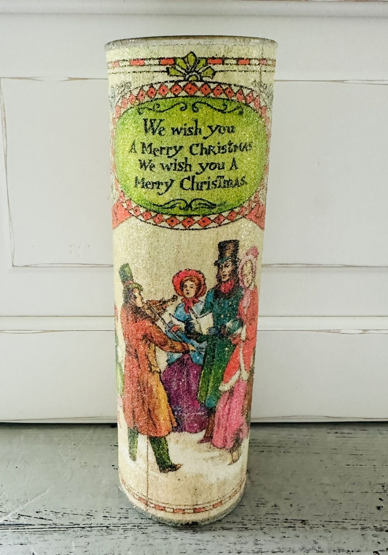 Vintage Tall MCM Christmas Sugared Glass Candle Holder Carolers Christmas greeting theme. 9 1/4” tall x 2 7/8” across the top.
