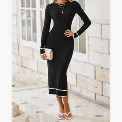 HAEOF Womens 2024 Long Sleeve Bodycon Sweater Dress Ribbed Knit Crewneck Trendy Side Slit Fall Winter Midi Dresses
