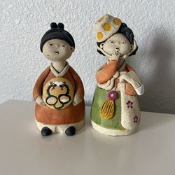 Vintage folk art pottery Asian man woman figurine home decor