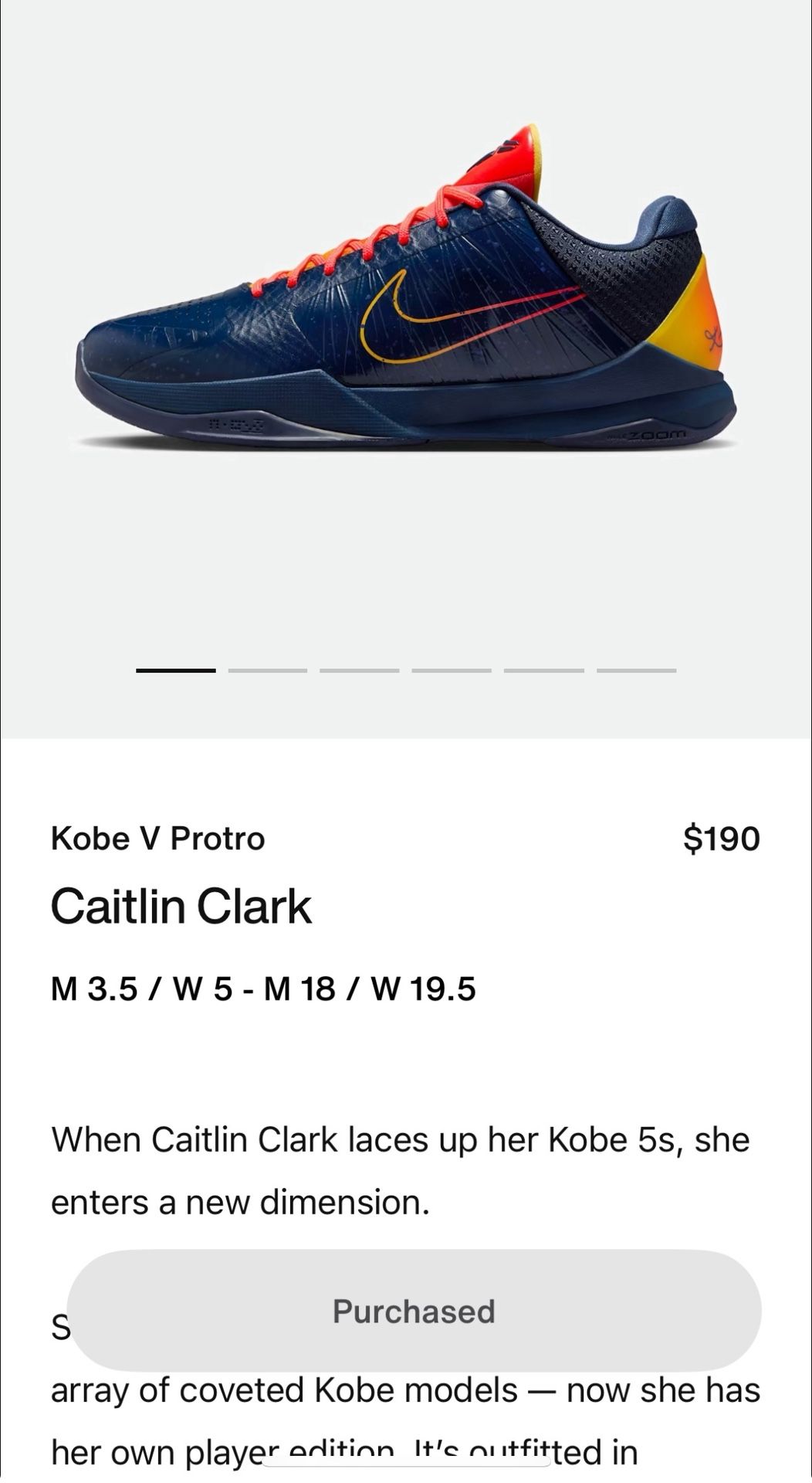Kobe V Protro Caitlin Clark Indiana Men’s Size 10
