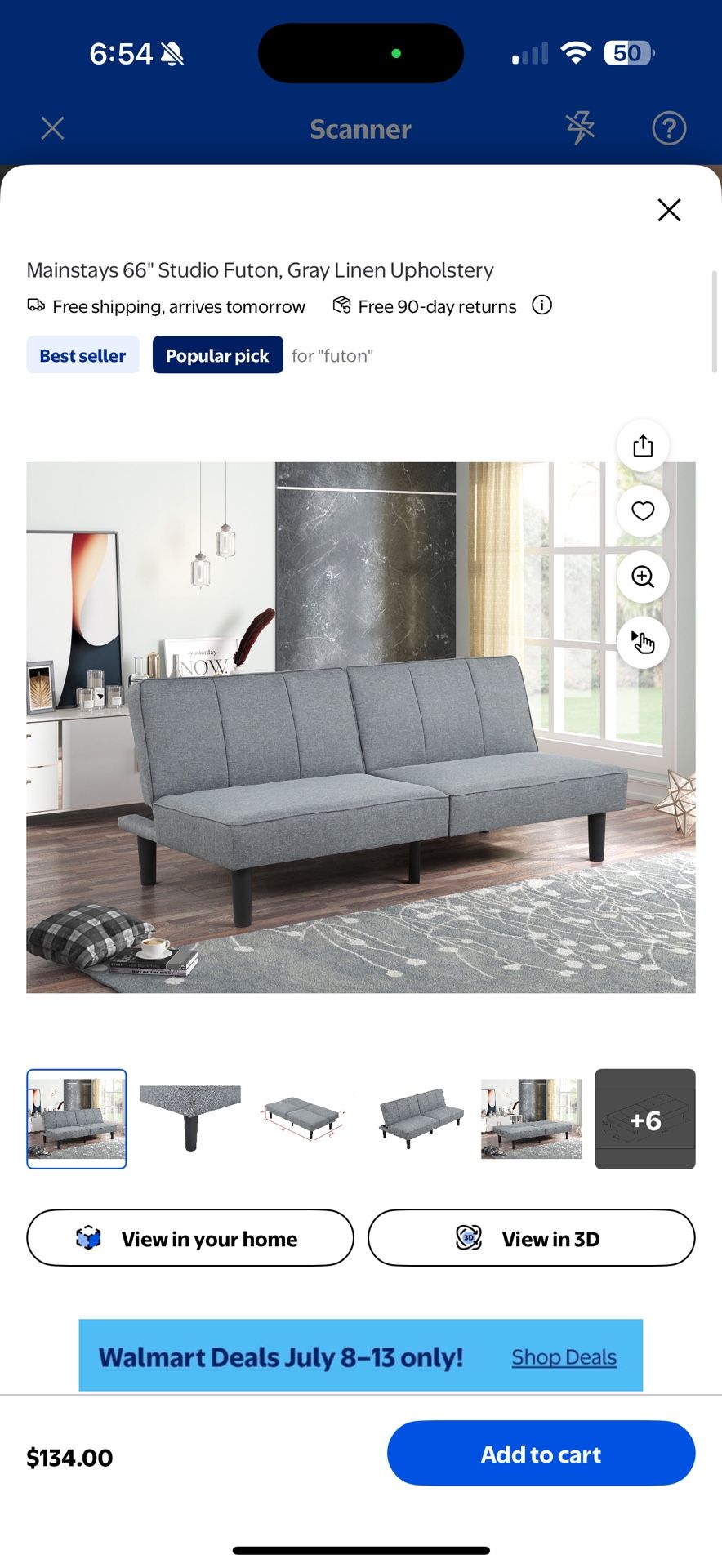 Mainstays 66" Studio Futon, Gray Linen Upholstery