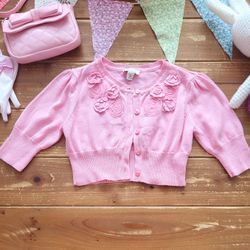 SIZE 7-8 GIRLS  SHORT-SLEEVE FLORAL KNIT CARDIGAN 