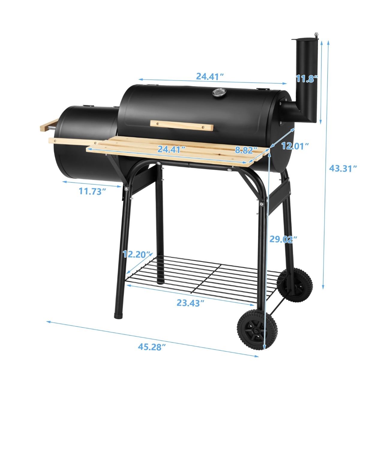 BBQ Charcoal Grill, 45.28 Inch Length Portable Barbecue Grill, Offset Smoker Barbecue Oven with Wheels & Thermometer for Outdoor Picnic Camping Patio