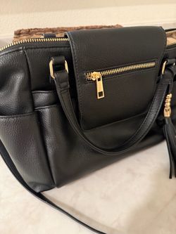 Black Leather Satchel Handbag with Gold Hardware