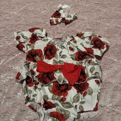 2 Pc Baby Girl Onesie Romper Bodysuit Rose Floral With Headband Bow 