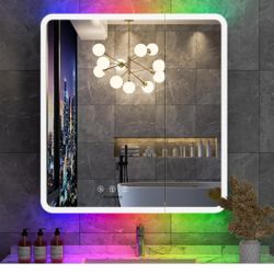 LED Medicine Cabinet with Lights, 30×32 Inch Lighted Medicine Cabinet with Mirror and Adjustable Lights, RGB Multicolor Backlit+3-Color Front Lighted,