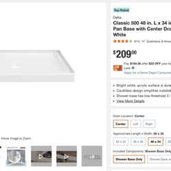 Shower Pan Base with Center Drain in High Gloss White