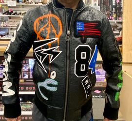 BASS By Ron Bass Faux Leather Graphic Bomber Jacket Men’s Small