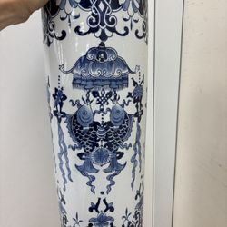 BLUE & WHITE Asian Chinese Chinoiserie Koi Fish Design Umbrella, Cane Or Walking Stick Stand, Vase Or Bathroom Toilet Paper Roll Holder. Beautiful!